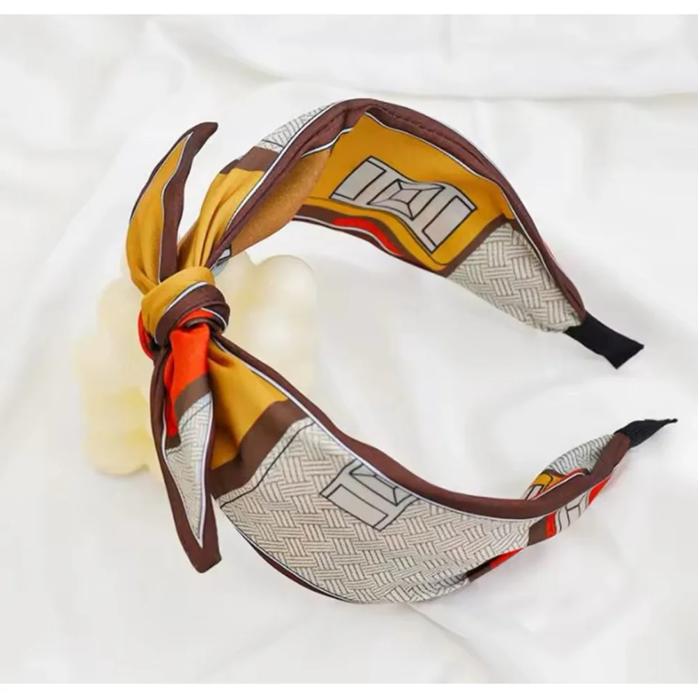 Women's Mustard & Orange Silk‎ Printed Bow Headband Wide